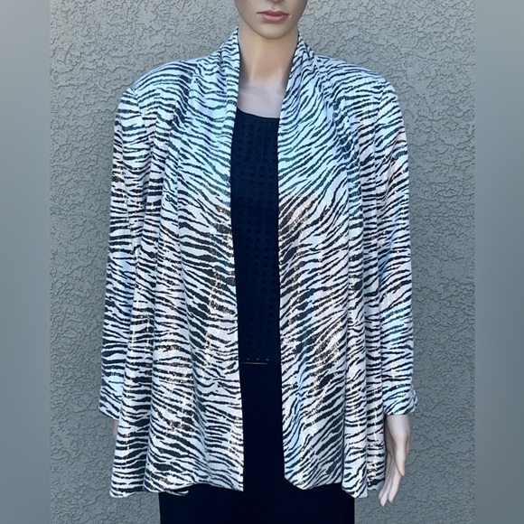 Alberto Makali Open Front Drape Style Sequined Zebra Print Blazer Jacket sz L - Picture 3 of 11